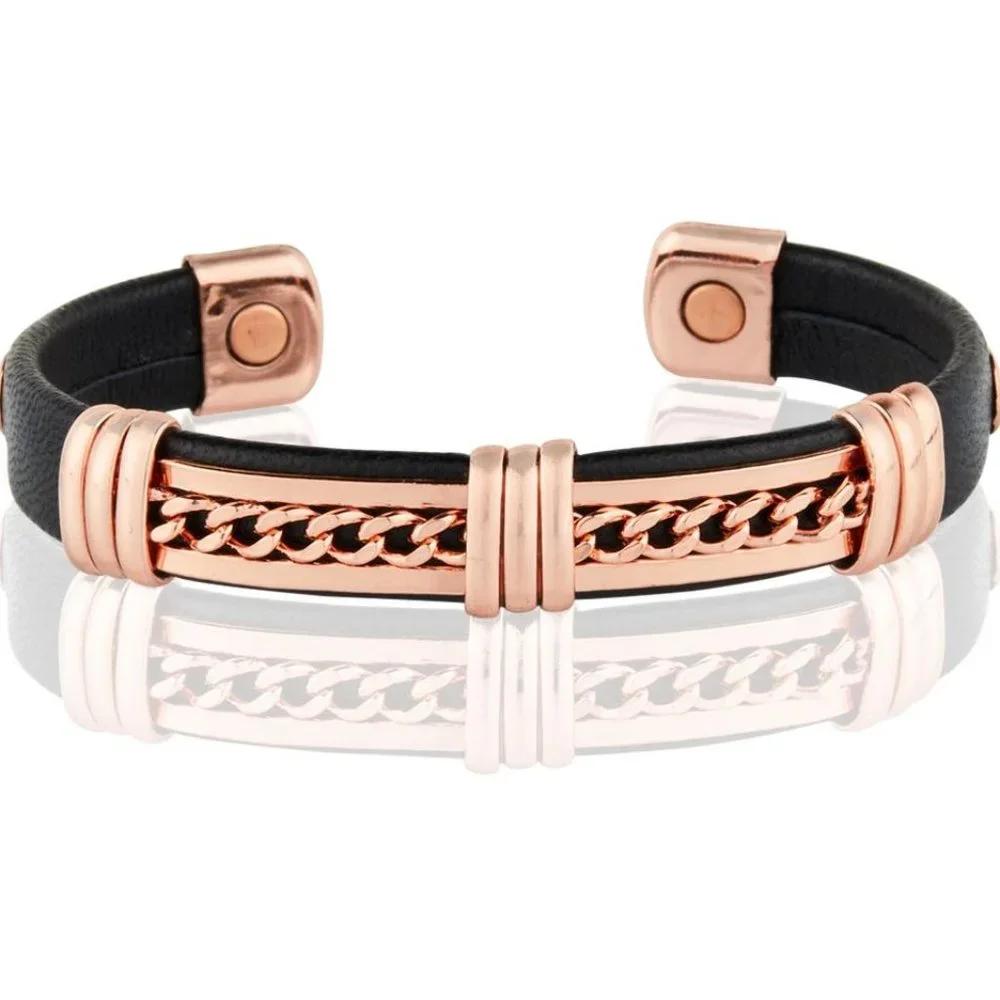 Solid Copper Leather Wrapped Magnetic Bracelet Healing Energy Cuff Bangle - Picture 1 of 1